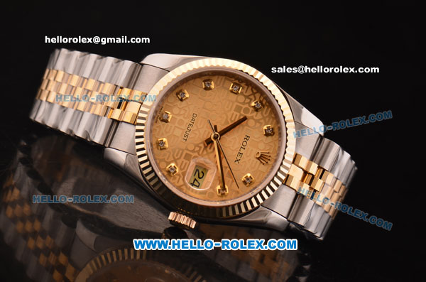 Rolex Datejust Original Swiss Original ETA 2836 Automatic Two Tone Case/Strap with Gold Jubilee Dial and Diamond Markers - Click Image to Close